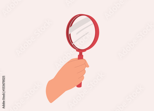 A Person’s Hand Holding A Magnifying Glass. Close-Up. Flat Design Style, Character, Cartoon.