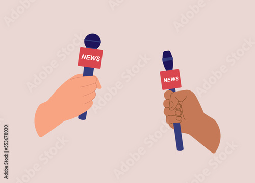 Two Hands With Different Color Skin Holding A Microphone With “News” Text On Red Cube. Close-Up. Flat Design Style, Character, Cartoon.