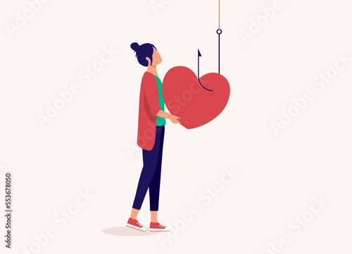 Concept Of Love Scam. Phishing For Love. Young Woman Cheated By A Romance Scammer. Full Length. Flat Design Style, Character, Cartoon.