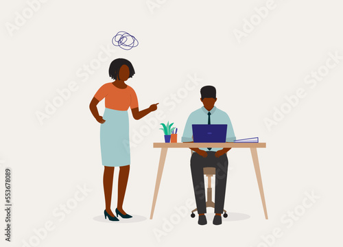 Angry Black Female Manager Scolding A Male Employee With Face Looking Down Sitting Sadly At His Working Desk. Full Length. Flat Design Style, Character, Cartoon.