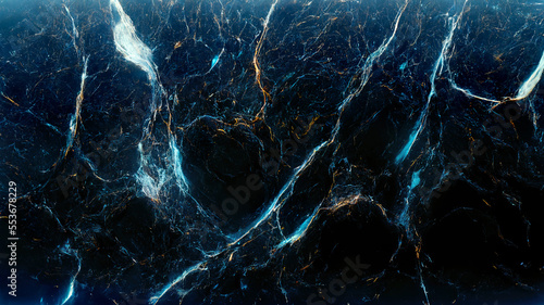 Abstract black marble stone wallpaper with glowing blue cracks. Generative AI granite background