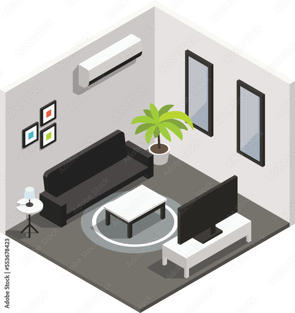 Isometric modern living room interior Isometric modern living room interior