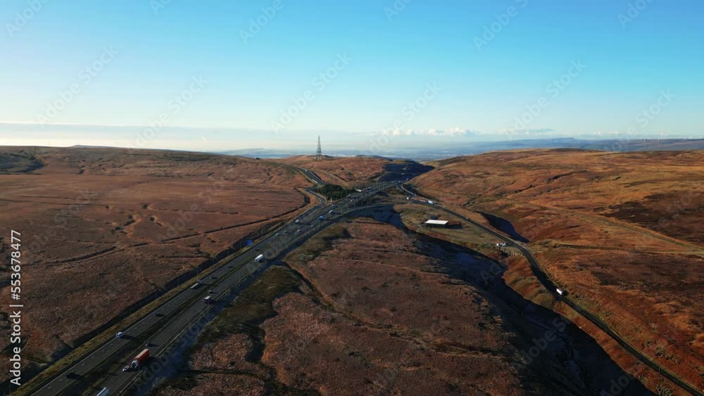 Aerial View of the M62 Motorway Ripponden road A672 and Windy Hill