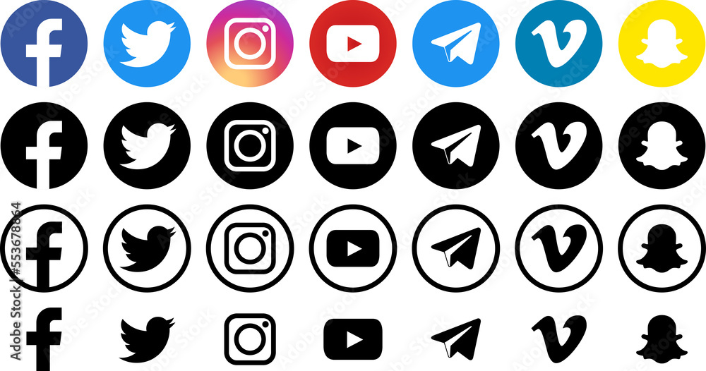 Facebook, Twitter, Instagram, Youtube, Telegram, Vimeo, Snapchat