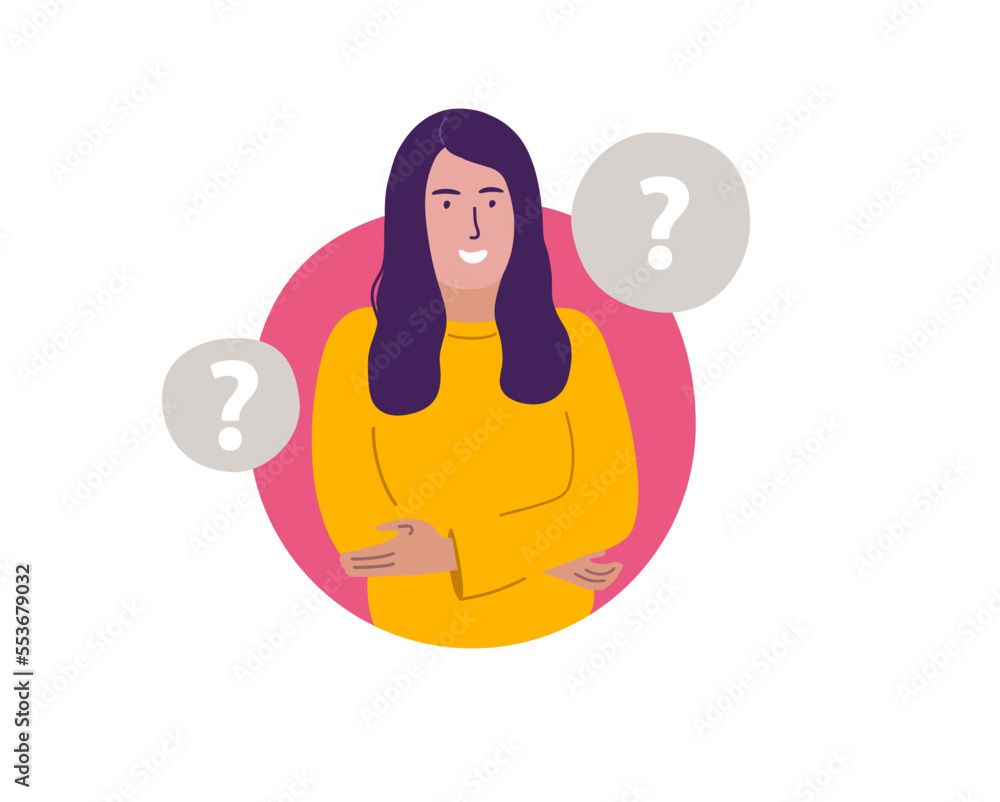 A smiling young woman makes
a choice, thinks, analyzing
two options. Make choice,
decision concept. Flat vector
illustration. Vector eps 10 A smiling young woman makes
a choice, thinks, analyzing
two options. Make choice,
decision concept. Flat vector
illustration. Vector eps 10