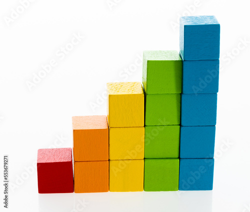 Wooden block stairs on white background