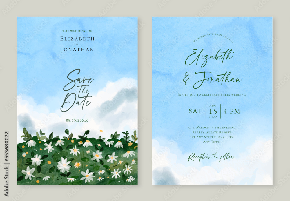 Daisy Floral Field with Blue Sky Watercolor Wedding Invitation Card