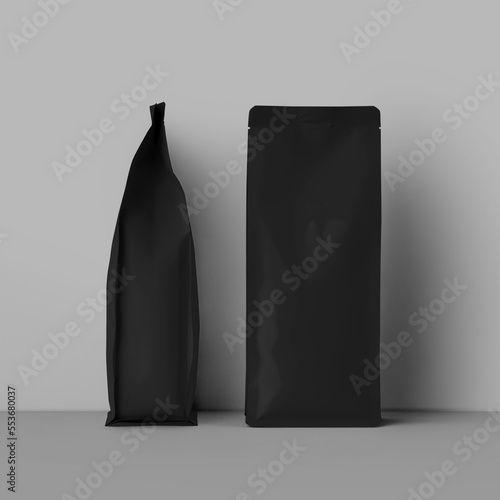 Mockup black pouch gusset for aroma products, tea, coffee, front, side view, isolated on background.