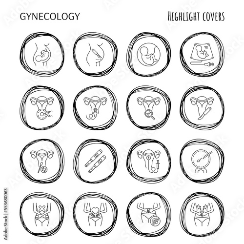 Gynecology thin line icons set. Ultrasound, check up, artificial fertilization, pregnancy, fetus, gynecological surgery, menstruation. Highlights for stories. Vector illustration.