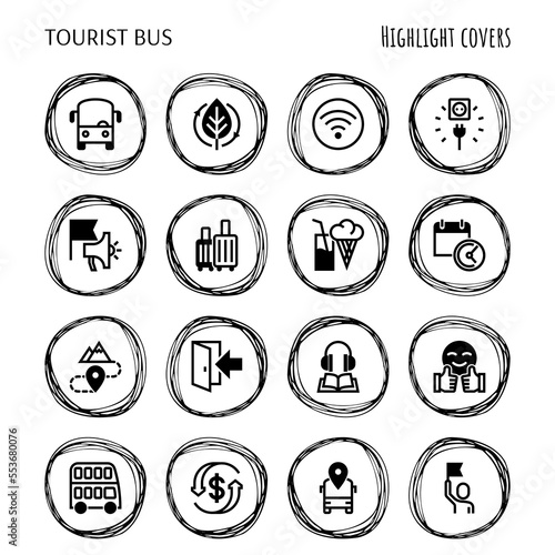 Tourist bus thin line icons set: free wi-fi, schedule, emergency exit, tourist route, departure point, socket, audio guide, luggage, refund. Highlights for stories. Vector illustration.