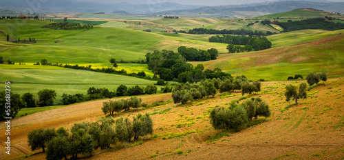 the beautiful and stunning landscape of the Tuscany valleys and hill with its meadows, trees and fields 