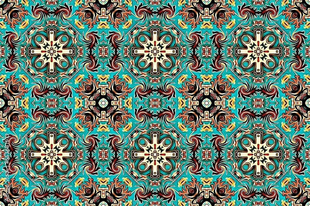 abstract vintage background colored mosaic symmetrical pattern on textured canvas colorful flower decor Design for tapestry, wallpaper,