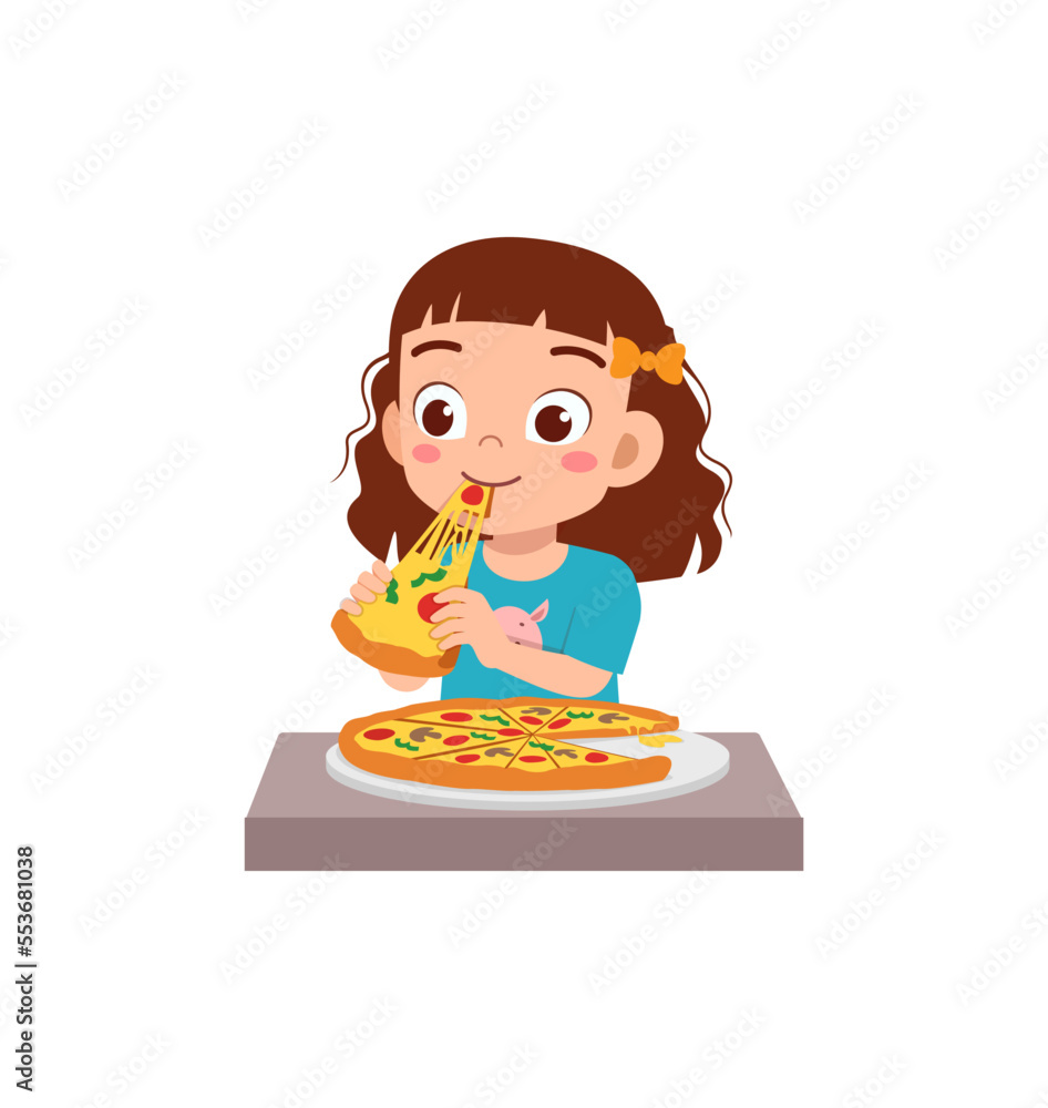 little kid eating pizza and feel happy little kid eating pizza and feel happy