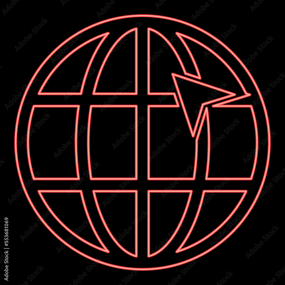 Neon arrow on earth grid Globe internernet concept Click arrow on website Idea using website red color vector illustration image flat style Neon arrow on earth grid Globe internernet concept Click arrow on website Idea using website red color vector illustration image flat style