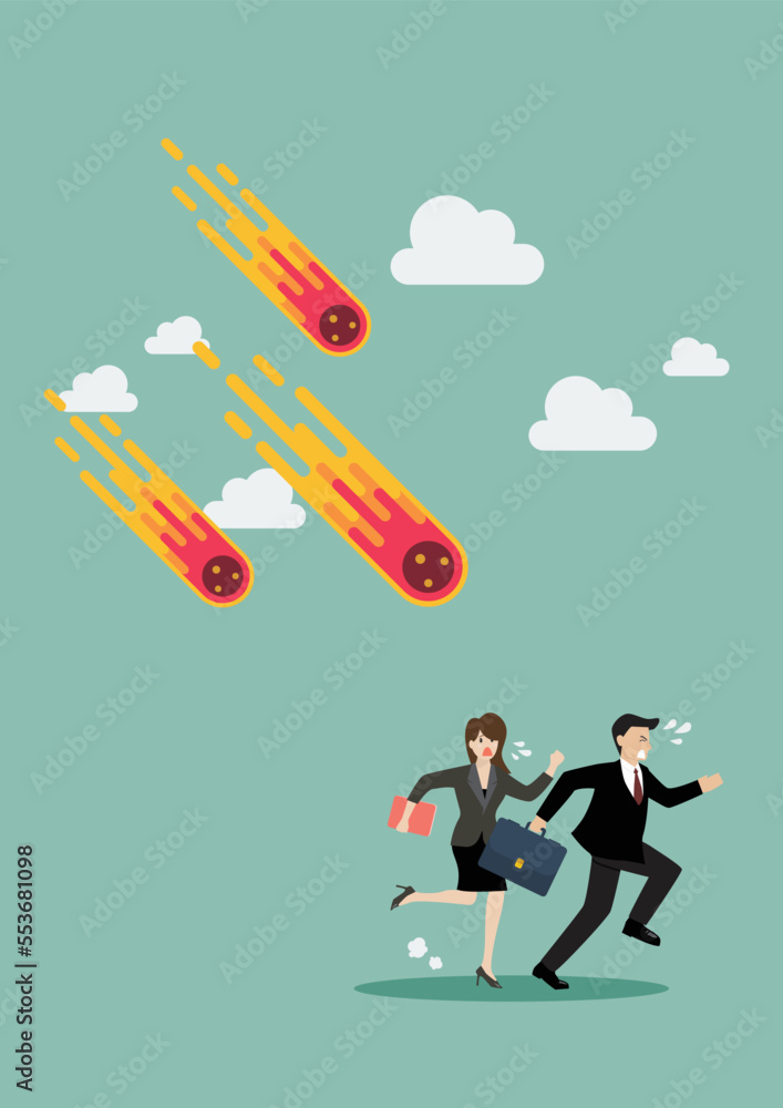 Business people run away from meteorite Business people run away from meteorite