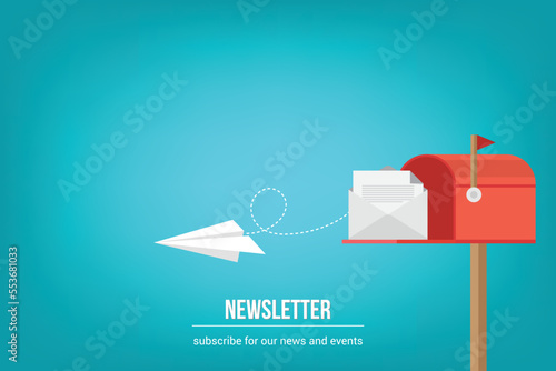 Newsletter. vector illustration of email marketing. subscription to newsletter, news, offers, promotions. a letter and envelope. subscribe, submit. send by mail.	