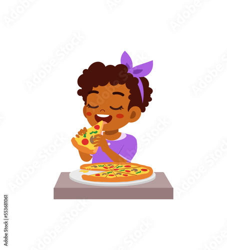 little kid eating pizza and feel happy
