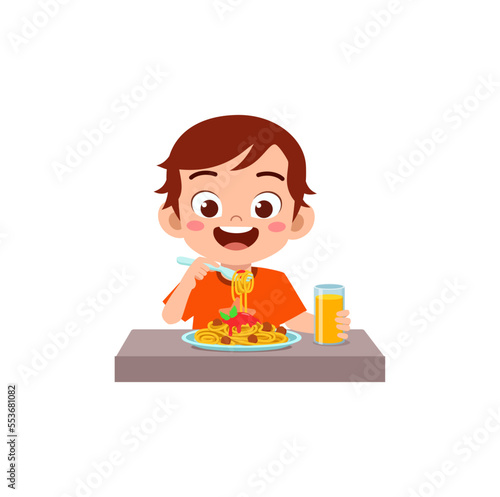 little kid eat spaghetti and feel happy