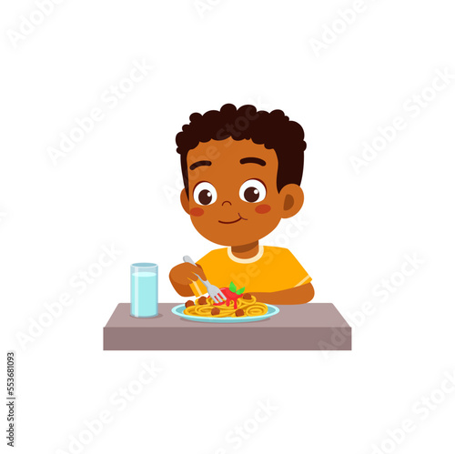 little kid eat spaghetti and feel happy