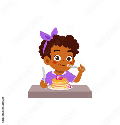 little kid eat pancake and feel happy