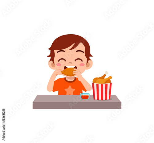 little kid eat chicken drumstick and feel happy