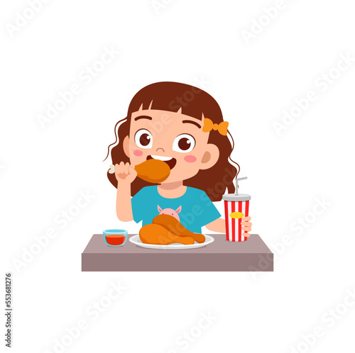 little kid eat chicken drumstick and feel happy