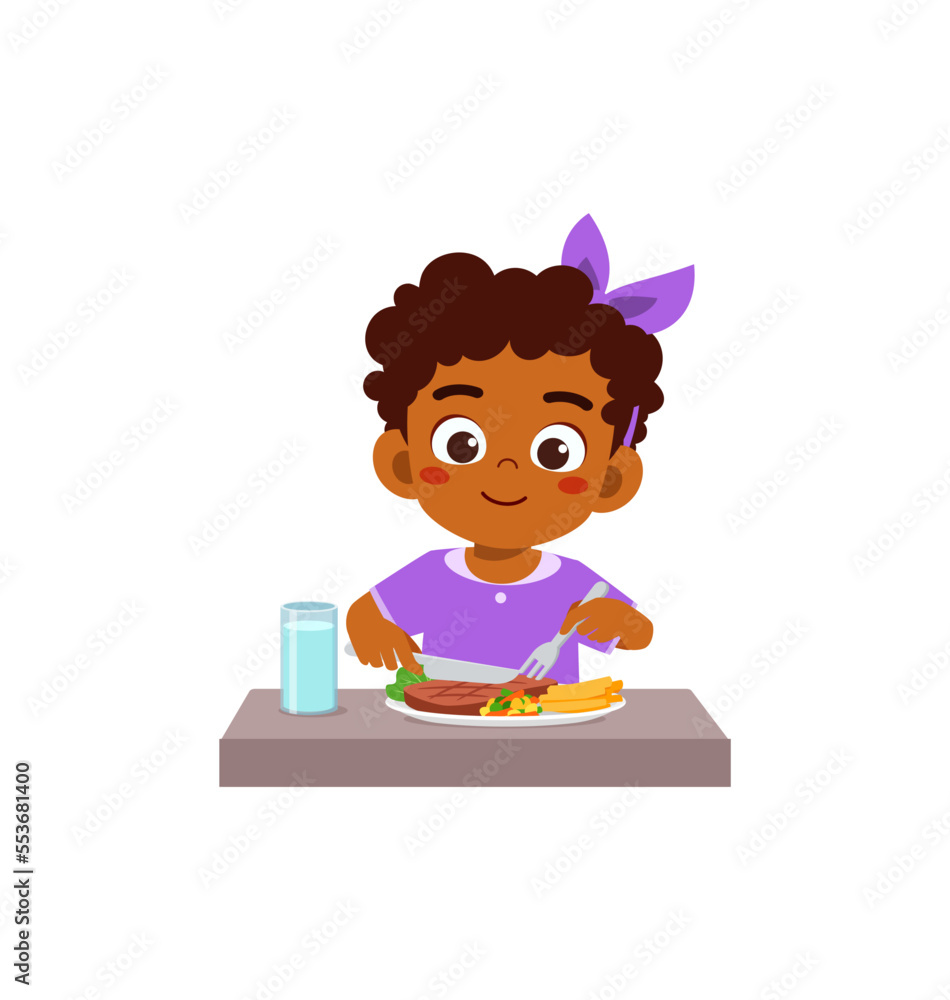 little kid eat meat steak and feel happy little kid eat meat steak and feel happy