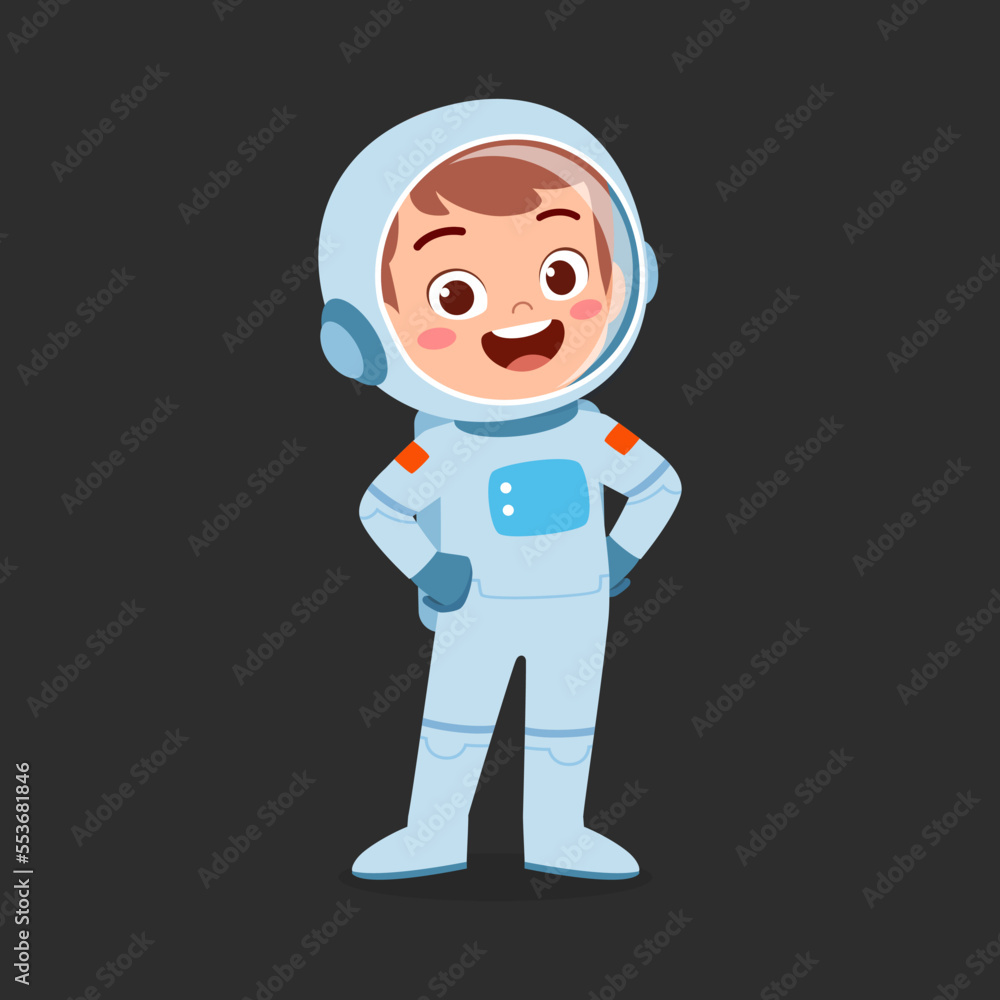 little kid wearing astronaut costume and feel happy