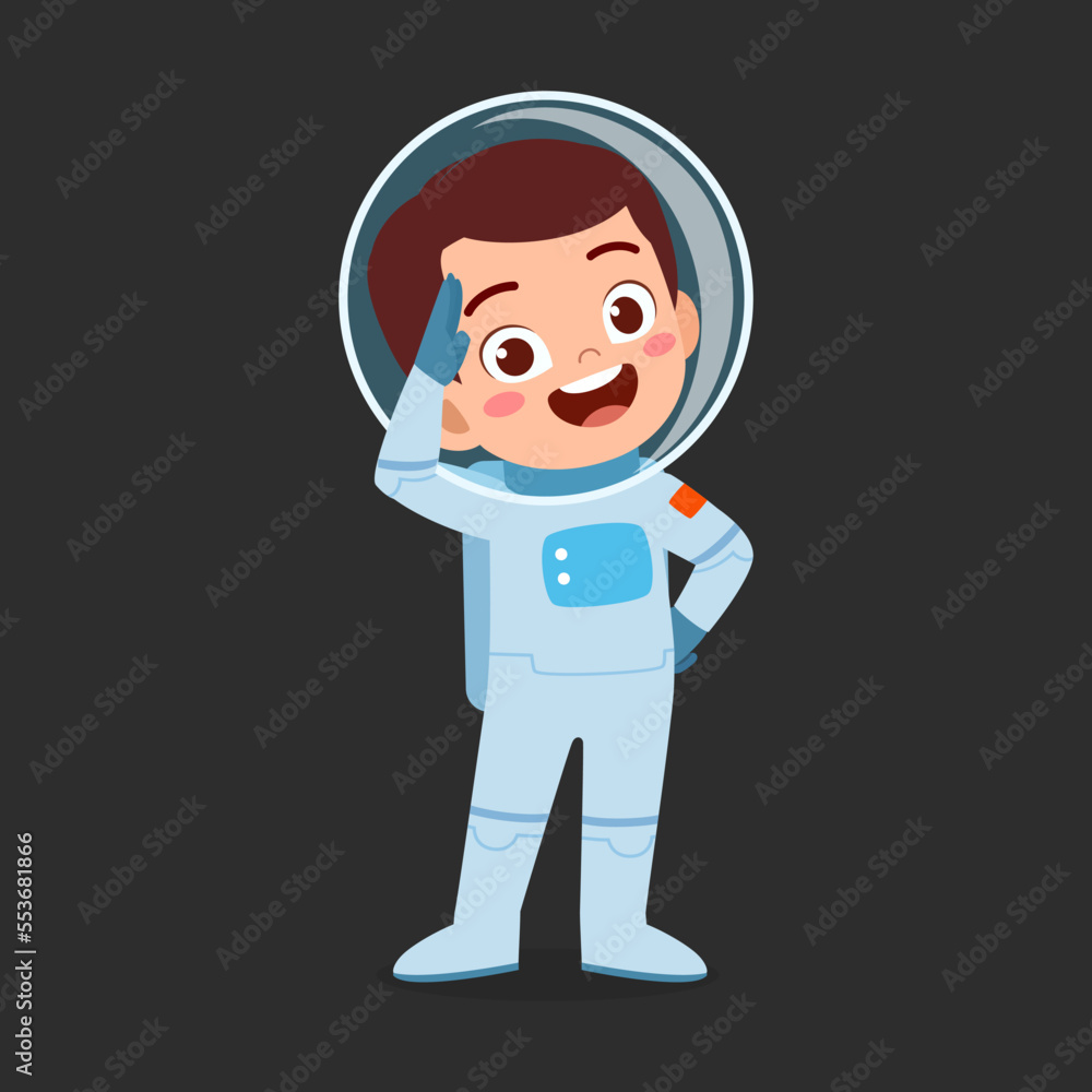 little kid wearing astronaut costume and feel happy