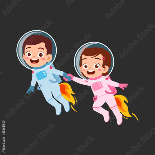 little astronaut wearing jetpack and fly and feel happy