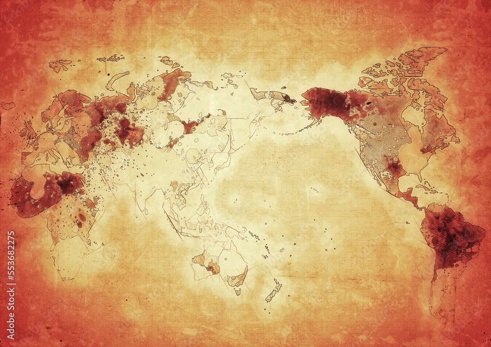 World map background drawn on old textured dirty brown paper