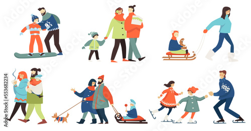 Winter activities of family people, father mother and kid