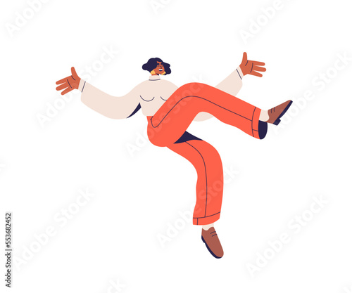 Happy woman jumping up, flying with fun, joy emotions. Energetic excited free girl im action, funny movement. Positive character feeling freedom. Flat vector illustration isolated on white background