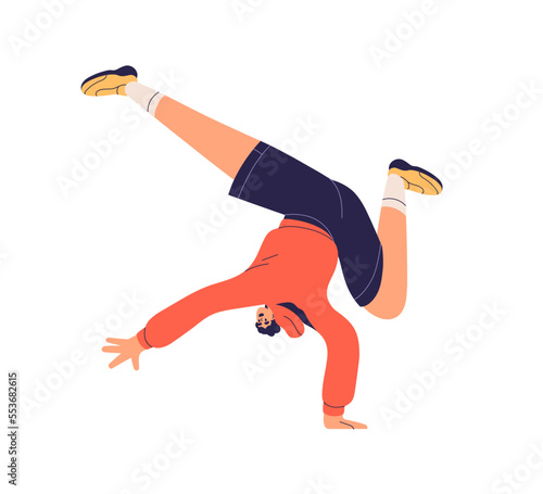 Happy dancer in freestyle break-dance movement. Young energetic active positive man upside down in action, motion to breakdance, hip-hop music. Flat vector illustration isolated on white background