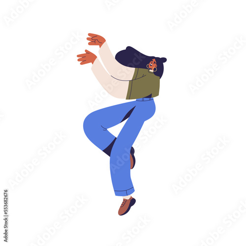 Happy energetic girl in action, motion. Excited young black woman jumping, moving with joy, fun. Active cheerful person with positive emotion. Flat vector illustration isolated on white background