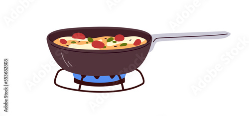 Omelette in frying pan, cook process in skillet. Cooking breakfast dish with vegetables on gas stove, cooker with burning fire. Omelet in frypan. Flat vector illustration isolated on white background
