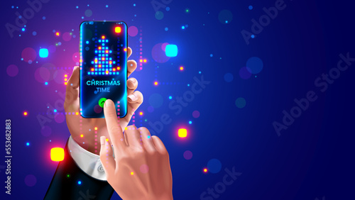 Christmas time. Phone in hand businessman. A businessman answers a phone call. Xmas holidays of business. New year and christmas celebration in office banner of party. Christmas tree calls on phone.