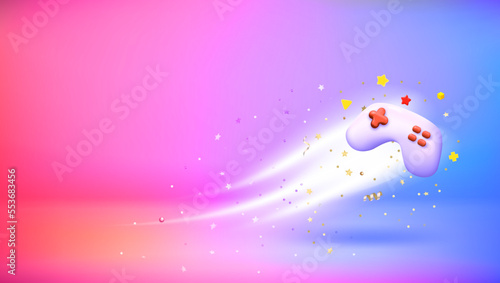 Glowing gamepad mask. 3d vector banner with copy space