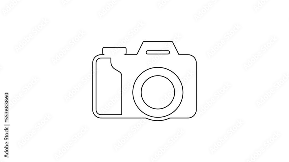 Black line Photo camera icon isolated on white background. Foto camera. Digital photography. 4K Video motion graphic animation Black line Photo camera icon isolated on white background. Foto camera. Digital photography. 4K Video motion graphic animation