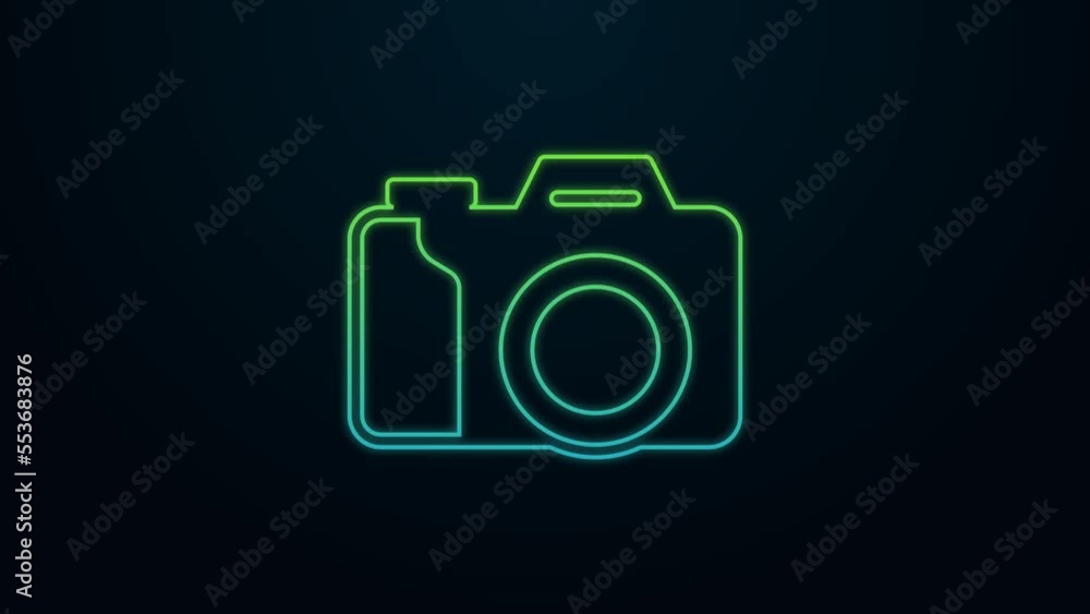 Glowing neon line Photo camera icon isolated on black background. Foto camera. Digital photography. 4K Video motion graphic animation Glowing neon line Photo camera icon isolated on black background. Foto camera. Digital photography. 4K Video motion graphic animation