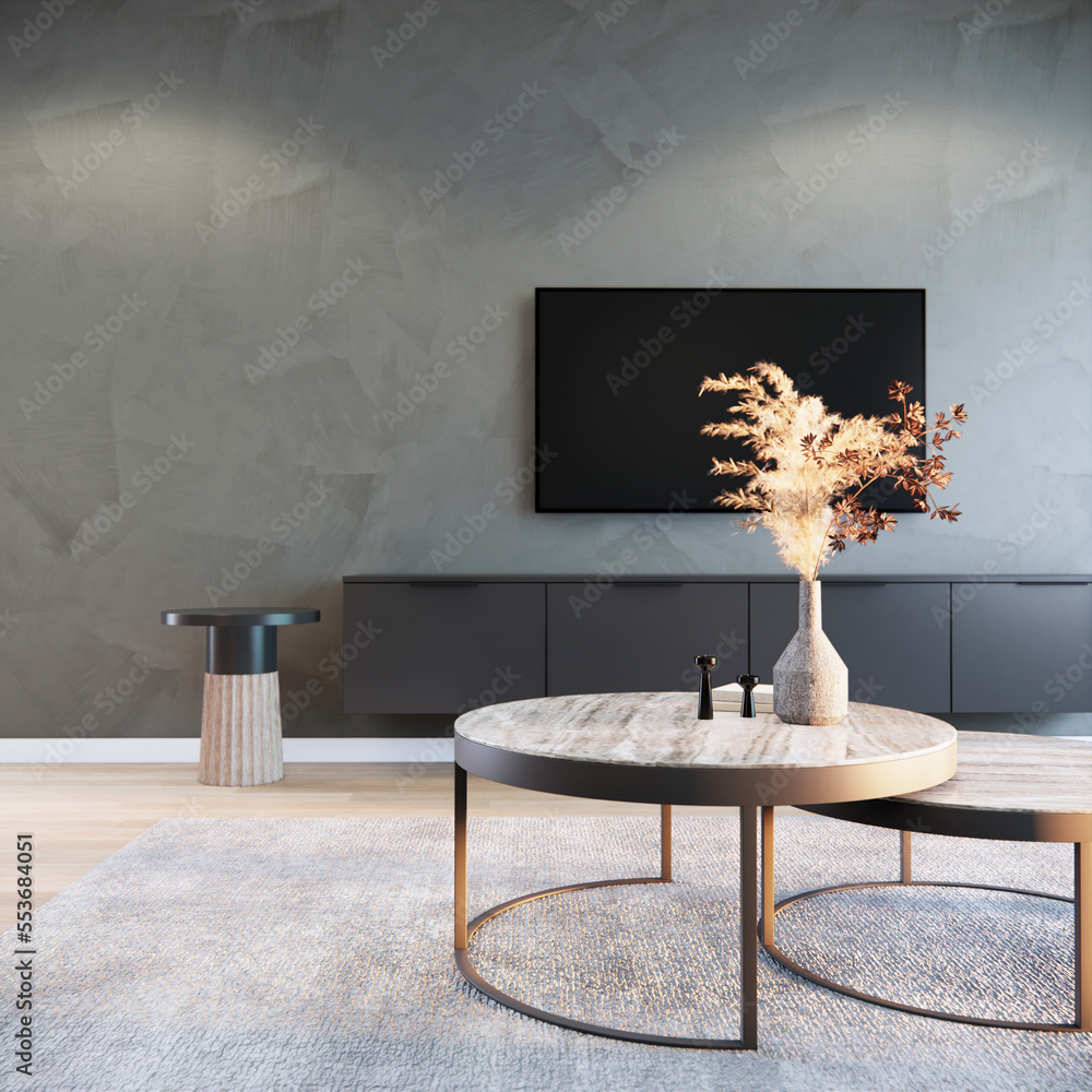 ภาพประกอบสต็อก Living room interior design and decoration with black tv