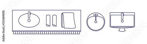 Washbasins set, above top view. Outlined wash basins designs overhead. Sinks with taps, faucets, tabletop for washroom, bathroom. Flat graphic vector illustration isolated on white background