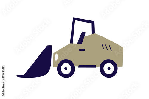 Cute tractor with digger. Bulldozer toy, auto transport in Scandinavian style. Childish construction vehicle, machine side view. Kids Scandi flat vector illustration isolated on white background