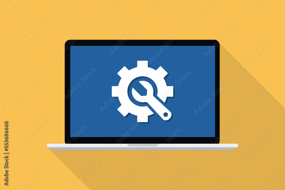 system maintenance and troubleshooting concept with icon on front of laptop computer with long shadow flat style system maintenance and troubleshooting concept with icon on front of laptop computer with long shadow flat style