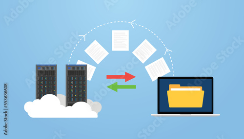 data migration on server and computer with some transfer file concept with modern flat style