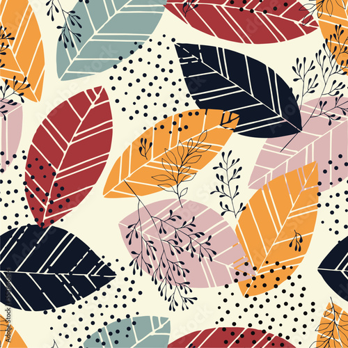 Scandinavian seamless doodle pattern with vintage leaves sketch.  For wrapping paper. Ideal for wallpaper, surface textures, textiles.