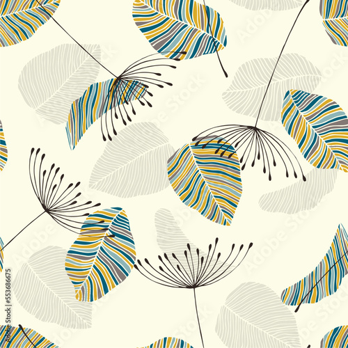 Scandinavian seamless doodle pattern with vintage leaves sketch.  For wrapping paper. Ideal for wallpaper, surface textures, textiles.