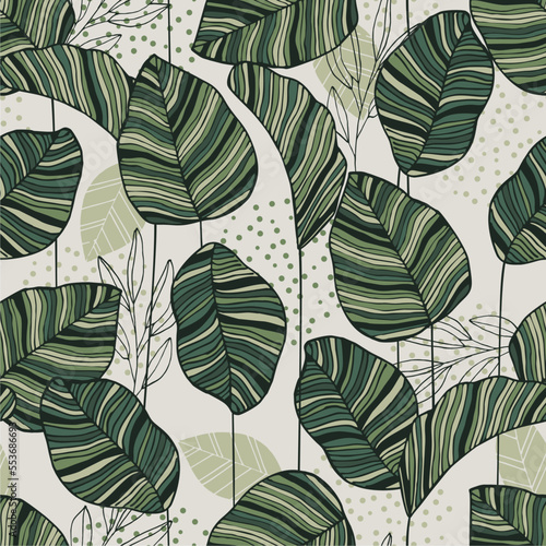 Seamless vector tropical pattern with green leaves on light background. Exotic hawaiian fabric design. Scandinavian style. Linear boho sketch