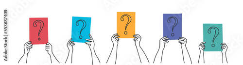 People with raised arms holding question mark.