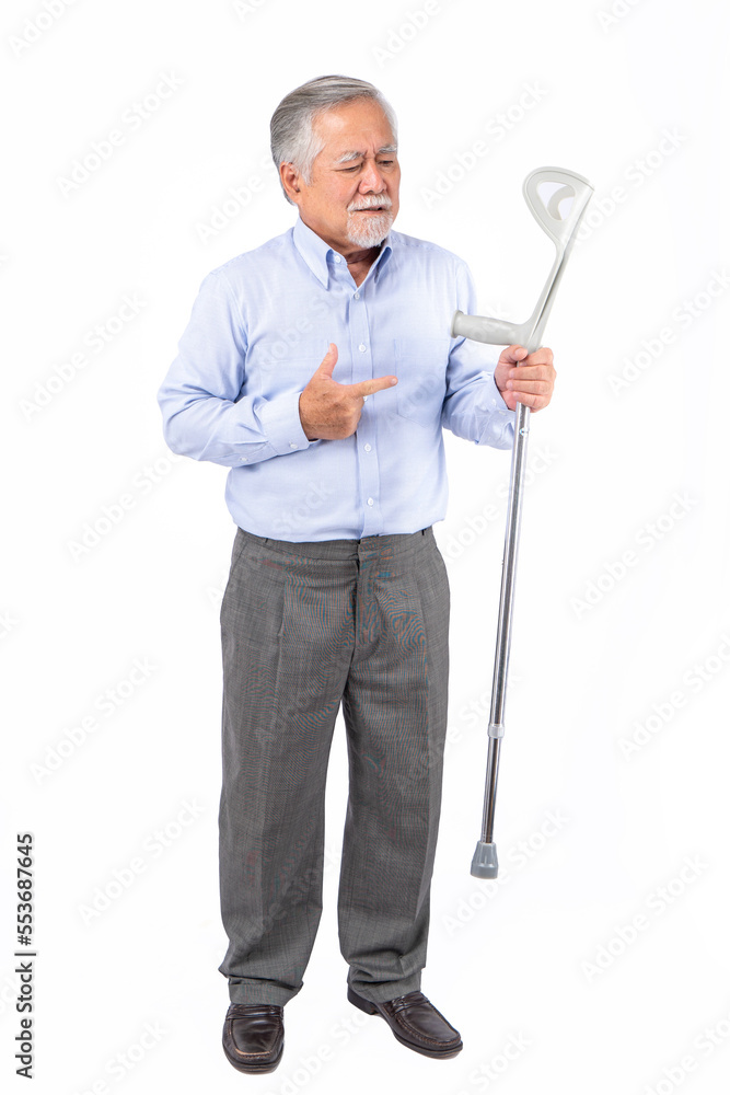 senior person with crutches on white background senior person with crutches on white background
